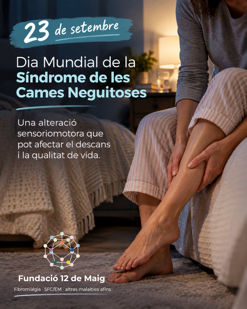 Fundacio12Maig's tweet photo. 🦵💙 23 de setembre | Dia Mundial de les Cames Neguitoses
🌙 Poden dificultar el son i afectar la qualitat de vida. En persones amb #Fibromiàlgia, #SFCEM i altres malalties afins, poden afegir una dificultat més a un descans sovint ja poc reparador.
🔬 Conèixer també és cuidar. https://t.co/ZfoSGAsHhQ