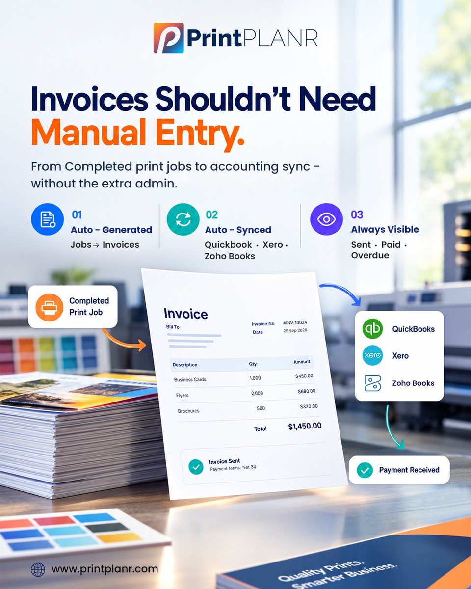 PrintPLANR's tweet photo. Still re-entering invoice details after a print job is completed?
Manual data entry adds unnecessary admin and creates more room for billing errors.
#Invoicing #PrintMIS #PrintPLANR #PrintManagement #PrintAutomation #PrintSoftware #PrintIndustry #AccountingAutomation https://t.co/cg0ce9pLW8
