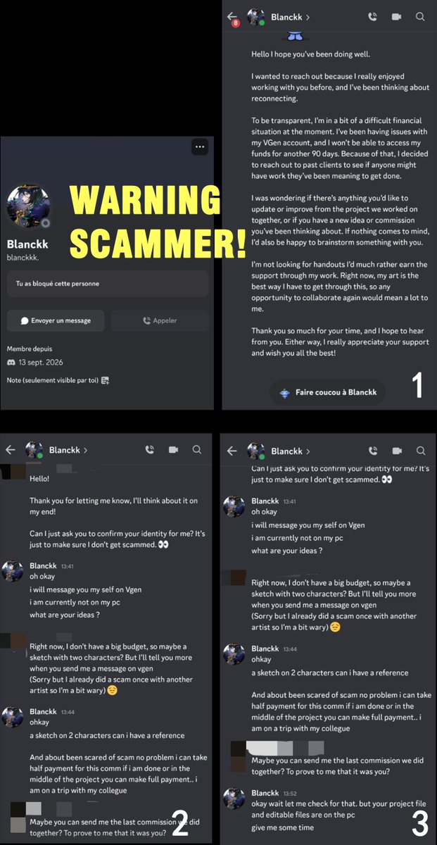 Blanckk199323's tweet photo. Hey!!! Someone is actively impersonating me on Discord 😡💢 
If you get a DM from someone claiming to be me, it is 100% a scam!

If you've been contacted, please DM me here on X or VGen immediately. RTs appreciated to keep everyone safe! 🙏😭 #ScamAlert #VGen #Commission #ArtComm https://t.co/m4ffv3C7PQ