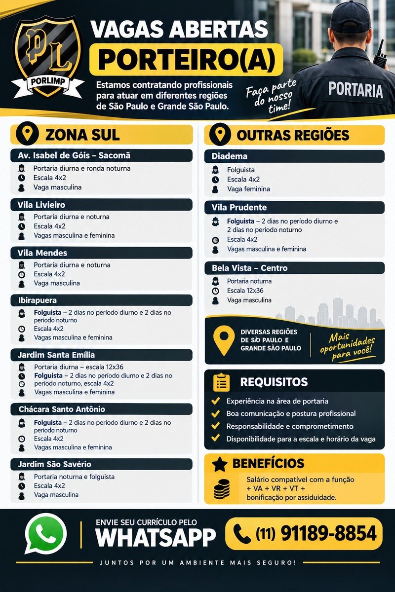 Ev_aurean's tweet photo. Grupo Porlimp portaria e limpeza. Contratando. End. R- Tiquatira 452
    Bosque da Saúde.

Uma empresa há mais de 25 atuando em portaria e limpeza.
    Uma empresa ideal para sua empresa.
Fone fixo 5072.2050 https://t.co/rHujJ18Mbx