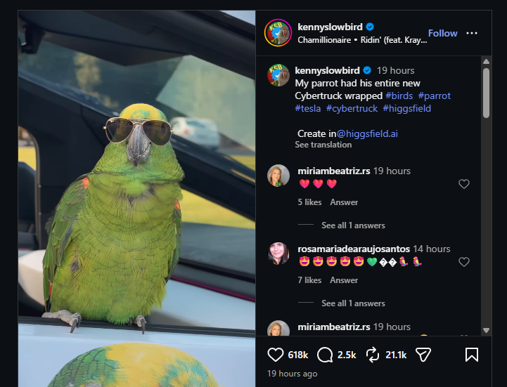 bbaoo777's tweet photo. CYBERTRUCK PARROT

A parrot named Kenny is going insanely viral right now for riding around in a Cybertruck covered in pictures of his own face

He even got an entire news article written about him

The IG post is already at 600k likes and still blowing up

Article: https://t.co/koy4ah9m3x

IG: https://t.co/SdKnhxtglb