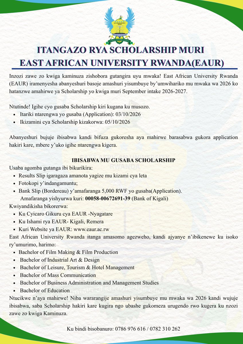 eaur_rw's tweet photo. Waba warasoje amashuri yisumbuye?

Aya ni amahirwe yawe yo kuminuza muri #EAUR ntagucike!

Hamagara:
📞 0786 976 616 / 0782 310 262 https://t.co/QPt6FuPhmi