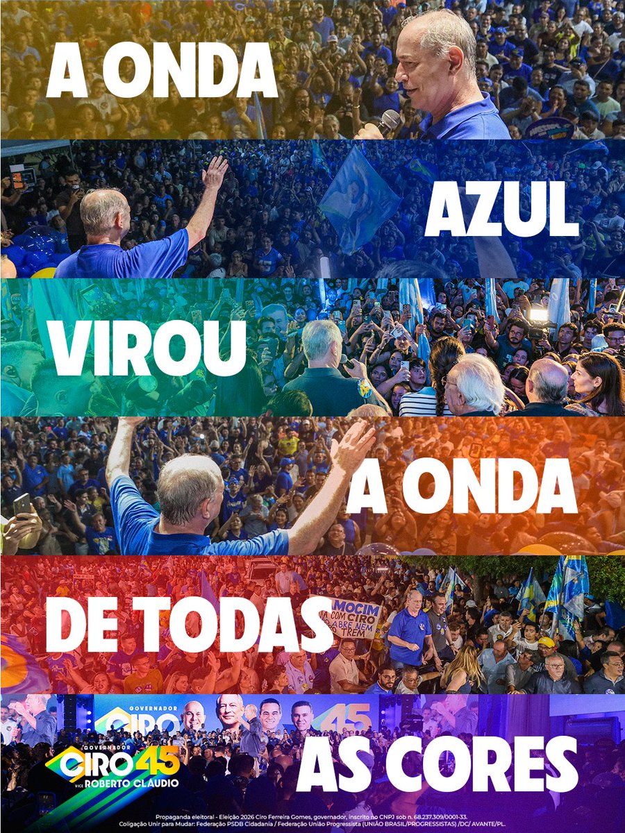 cirogomes's tweet photo. TODAS AS CORES SE UNIRAM PRA SALVAR O CEARÁ DAS FACÇÕES E VIOLÊNCIA. 

Mauro Filho, que coordena o programa de governo do Ciro, vai votar Ciro+Lula. Ivo Gomes, irmão e cabeça por trás da revolução da educação no Ceará, também vota Ciro+Lula. O nosso senador Alcides, vai votar Ciro e Flávio. 

As pessoas abordam Ciro nas ruas e dizem que pra presidente votam Lula, Flávio, Renan, Cury, Caiado e Zema, mas que aqui no Ceará é CIRO. 

Os cearenses entenderam que o projeto de Ciro é SALVAR O CEARÁ DAS FACÇÕES CRIMINOSAS e que eles podem votar livremente e democraticamente em qualquer nome para presidente. Por isso CIRO VENCE EM PRATICAMENTE TODAS AS PESQUISAS NO 1° TURNO.

Ciro governou o Ceará com Collor na presidência, não eram aliados, mas a capacidade de articulação do Ciro fez com que ele conseguisse centenas de obras e milhões em verbas pro Ceará. Ciro deixou o governo do Ceará como o MELHOR GOVERNADOR DO BRASIL PELO DATAFOLHA. 

CIRO VAI DIALOGAR E FAZER O CEARÁ AVANÇAR COM QUALQUER PRESIDENTE ELEITO. 

A ONDA AGORA É DE TODAS AS CORES! 🌈🎨
TODO MUNDO TÁ COM CIRO 45! 🌈🎨
💙❤️💛💚💜🧡