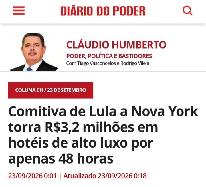 karinamichelin's tweet photo. 🚨 LULA E SUA COMITIVA EVAPORAM R$ 3,23 MILHÕES EM MENOS DE 48 HORAS

Segundo o Diário do Poder, esse foi o custo de hospedagem da comitiva de Lula em Nova York: R$ 2,217 milhões no Hyatt + R$ 1,015 milhão no Park Lane -fora extras.

Quantos quartos, para quem e por quê? https://t.co/V7RnmHZqgs