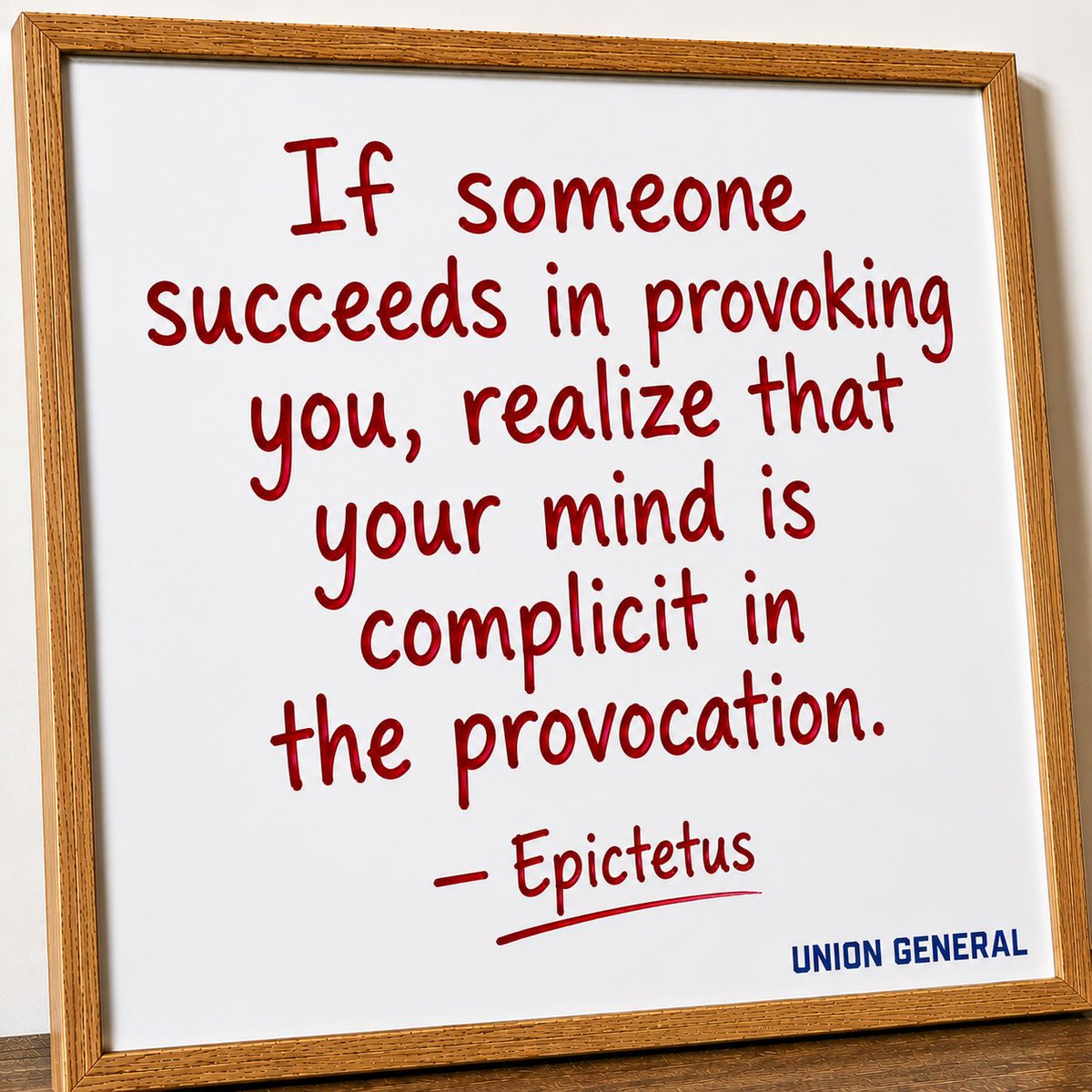 UnionGeneral2's tweet photo. It’s Whiteboard Wednesday!

“If someone succeeds in provoking you, realize that your mind is complicit in the provocation.”

— Epictetus

#uniongeneralins #whiteboardwednesday #Epictetus #selfcontrol #perspective #stoicism #mindset https://t.co/RAHxX2wdZa