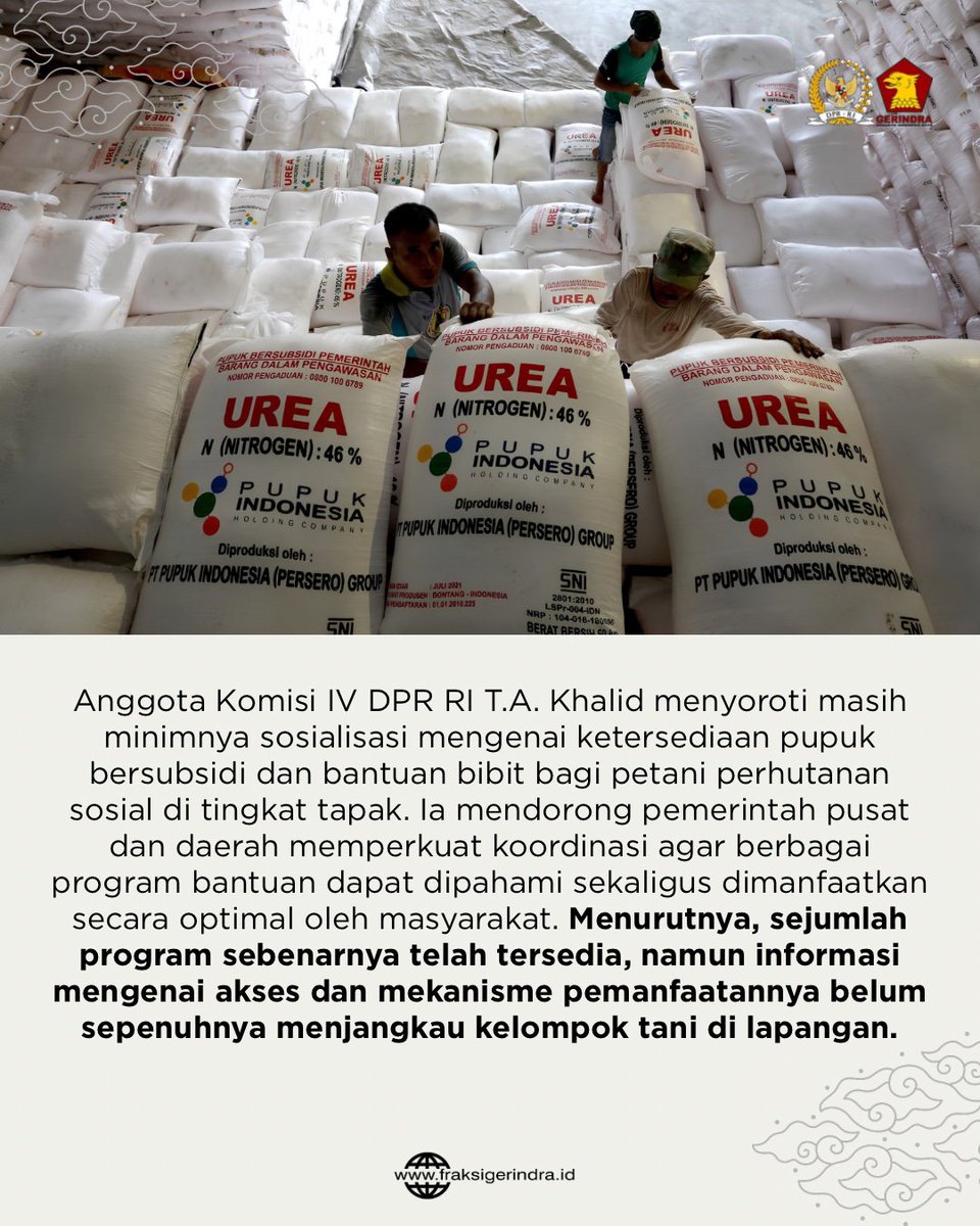 Fraksi_Gerindra's tweet photo. Anggota Komisi IV DPR RI, T. A. Khalid, menyoroti masih minimnya sosialisasi mengenai ketersediaan pupuk bersubsidi dan bantuan bibit bagi petani perhutanan sosial di tingkat tapak. https://t.co/vHOS9x0tWG