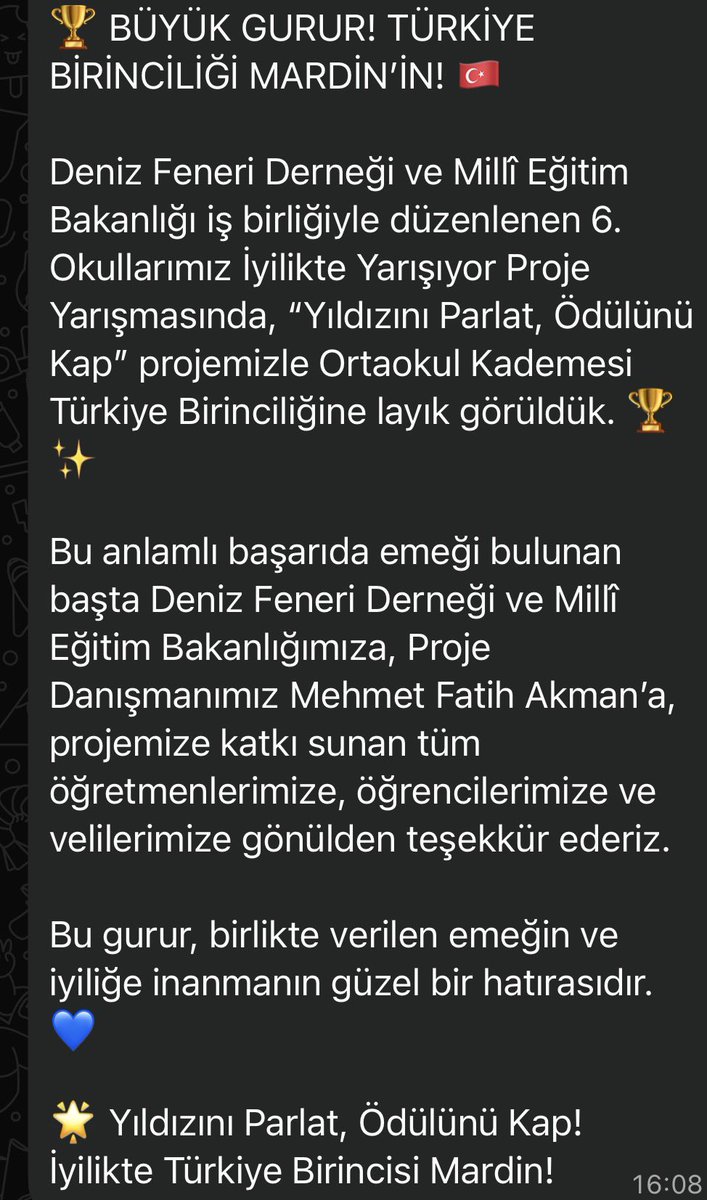 HasbiIHO's tweet photo. 🏆 BÜYÜK GURUR🏆
Deniz Feneri Derneği ve Millî Eğitim Bakanlığı iş birliğiyle  6. Okullarımız İyilikte Yarışıyor Proje Yarışmasında, “Yıldızını Parlat, Ödülünü Kap” projemizle Ortaokul Kademesi Türkiye Birinciliğine layık görüldük 
@ali_eyyupkoca 
@mehmeteminduya1 
@fatihaydar47 https://t.co/x0IhmnpWCF