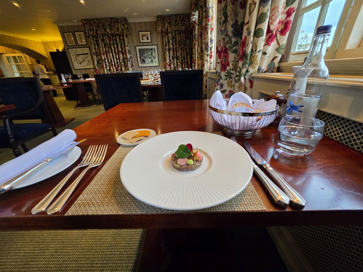 RuxtonLily's tweet photo. Starter:
Highland Venison Tartare, Pickled Shimeji, Garden’s Nasturtium, Tarragon Mayonnaise, Crisp Oat Wafer

@Greywalls_Hotel 
https://t.co/Cu0mUmjQGs
https://t.co/gZ86HU5Dp7
note:
post contains a photo from the venue and an AI edited image. https://t.co/ulQP1I7iM6