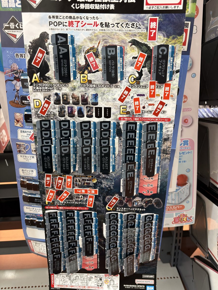 go_asus's tweet photo. シルバーウィーク最終日に
残り6枚（E3・F3 ）770円に値下げされて放置されてたゴジラ、無事全買い完了！笑
＃シルバーウィーク最終日 ＃連休最終日
 ＃ゴジラ ＃一番くじゴジラ ＃一番くじ https://t.co/OwPRkfAJnu