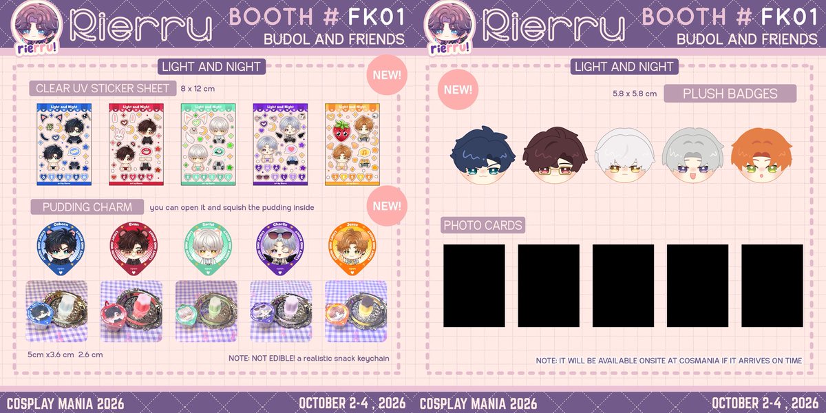 Rierru's tweet photo. [Rt💖🔄] Here’s my catalog for #CosplayMania2026!✨  Pls visit booth FK01 Budol and friends✨ 

💜PO form open until Sept 30 ✨

💜Map and stamp rally and form in 🧵

#CosplayMania
#FanFairAtCosplayMania2026 https://t.co/cvXqK1g96Z