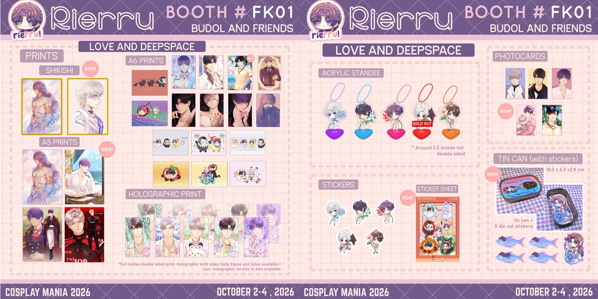 Rierru's tweet photo. [Rt💖🔄] Here’s my catalog for #CosplayMania2026!✨  Pls visit booth FK01 Budol and friends✨ 

💜PO form open until Sept 30 ✨

💜Map and stamp rally and form in 🧵

#CosplayMania
#FanFairAtCosplayMania2026 https://t.co/cvXqK1g96Z