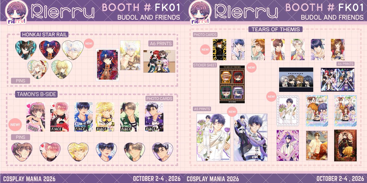 Rierru's tweet photo. [Rt💖🔄] Here’s my catalog for #CosplayMania2026!✨  Pls visit booth FK01 Budol and friends✨ 

💜PO form open until Sept 30 ✨

💜Map and stamp rally and form in 🧵

#CosplayMania
#FanFairAtCosplayMania2026 https://t.co/cvXqK1g96Z