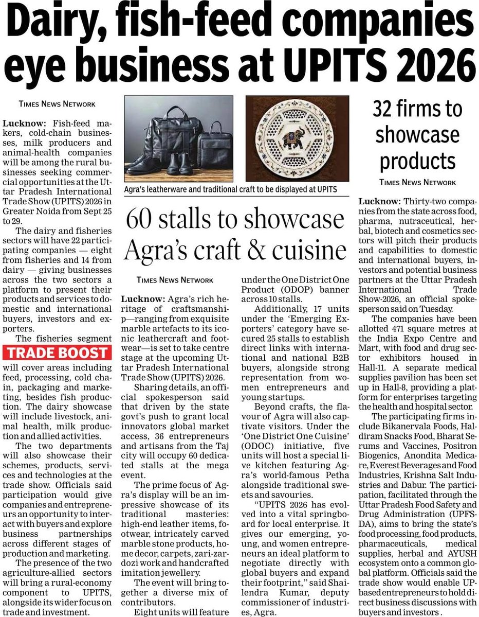 AwasthiAwanishK's tweet photo. Local talent, global markets! 

Under the leadership of Hon’ble CM Shri @myogiadityanath Ji, UPITS 2026 is creating new avenues for UP’s entrepreneurs, artisans and rural enterprises to connect with buyers, investors and global markets. From dairy & fisheries to food, pharma and traditional crafts, UP’s enterprise ecosystem is stepping confidently onto the global stage.