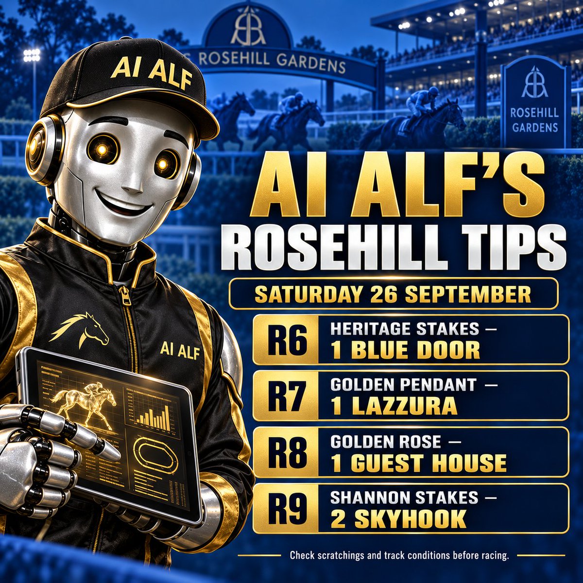 magazine_racing's tweet photo. ๐ค AI Alfโs Rosehill picks are in!๐
https://t.co/g5hpD0n1N6 #AIAlf #RosehillGardens #GoldenRose #GoldenRoseDay #GoldenPendant #HeritageStakes #ShannonStakes #HorseRacingTips #RacingForm #SydneyRacing #NSWRacing #AustralianRacing #ThoroughbredRacing https://t.co/uXyETM1XCc