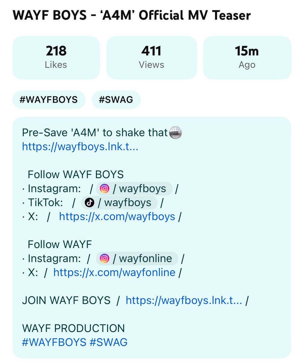 wayfandrew_'s tweet photo. They added the JOIN WAYF BOYS mailing list link to A4M teaser description but still need to add to main IG/X/TikTok for visibility 🙏 https://t.co/EyrGwl4EEz
