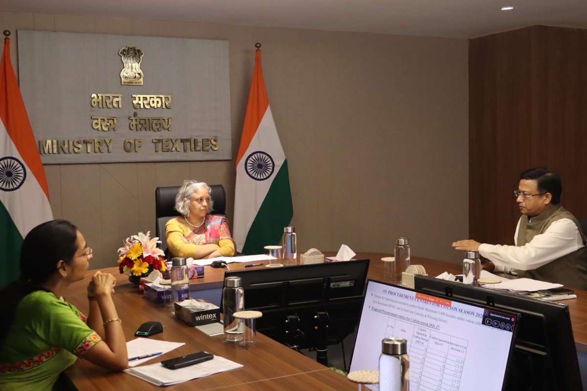 cotcorp_ho's tweet photo. A meeting under the chairpersonship of the Secretary (Textiles), Ministry of Textiles, was held on 23.09.2026 to review the preparedness for Minimum Support Price (MSP) operations for procurement of seed cotton (kapas) during the ensuing Cotton Season 2026–27.

The meeting was attended by Shri Lalit Kumar Gupta & senior officials of the Cotton Corporation of India (CCI) and representatives of all cotton-growing States. The preparedness of CCI and the States for smooth and timely commencement of MSP procurement operations was reviewed in detail, including arrangements relating to procurement centres, farmer registration, infrastructure, logistics and other operational requirements.

The meeting also reviewed the implementation of the Mission for Cotton Productivity, with particular focus on the distribution of Contamination Control Kits to cotton farmers and the digitisation of farmer-related data. The need for effective coordination among the States, CCI and other implementing agencies was emphasised to ensure timely distribution of the kits and comprehensive digitisation of farmer data, thereby facilitating greater traceability, transparency and quality improvement across the cotton value chain.