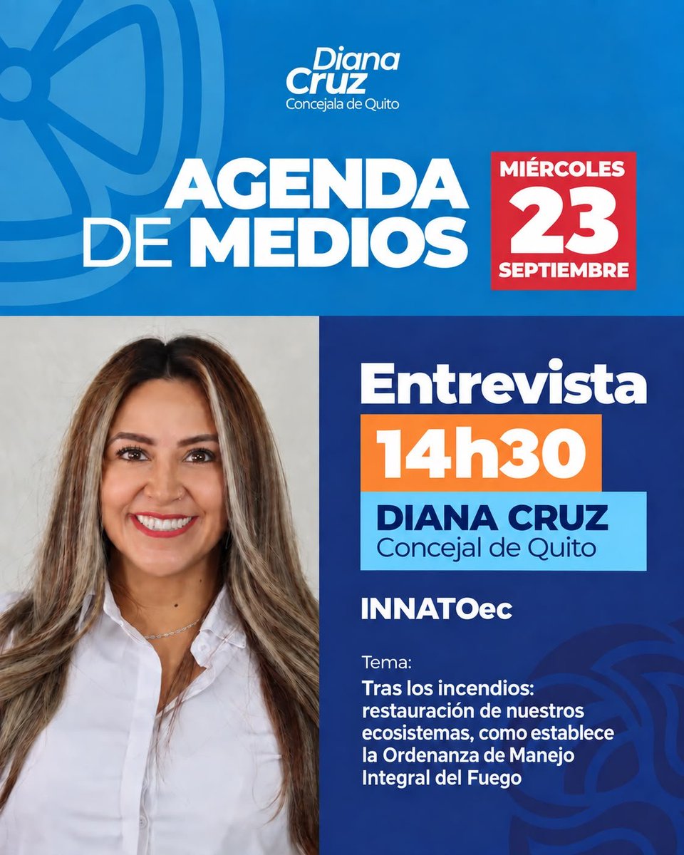 DianaCruzUIO's tweet photo. 📻🎙️ #DianaEnMedios | ¡Hoy tenemos una cita en el medio digital INNATOec!

Dialogaré sobre la restauración de nuestros ecosistemas tras los incendios forestales y la aplicación de la Ordenanza de Manejo Integral del Fuego.

Con conciencia ambiental, #QuitoRenace https://t.co/FqOCrUMx99