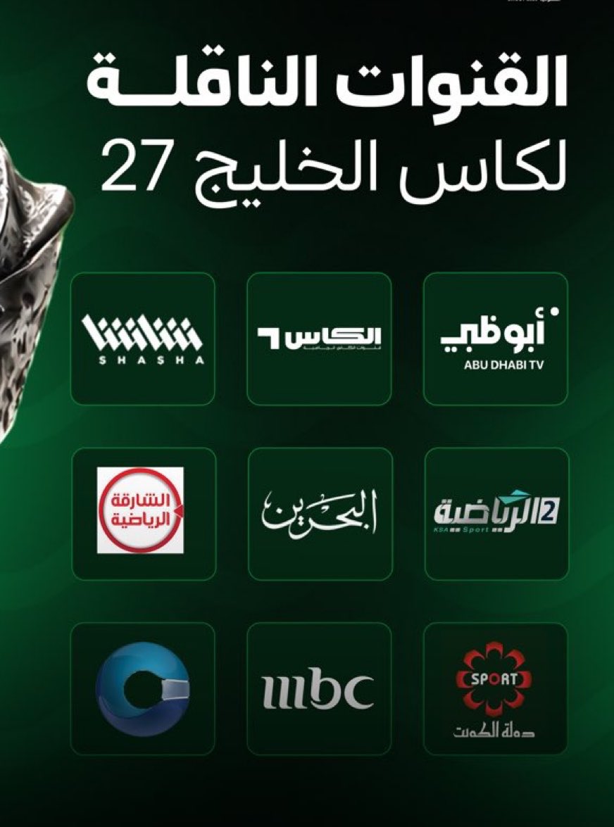 Rabanalsafena's tweet photo. 🚨🖥️| القنوات الناقلة لكأس الخليج 27:

🇶🇦 الكاس
MBC 🇸🇦
🇦🇪 أبو ظبي الرياضية
🇰🇼 شاشا
🇴🇲 عمان الرياضية
🇸🇦 السعودية الرياضية
🇧🇭 البحرين
🇦🇪 الشارقة
🇰🇼 الكويت

#خليجي27 https://t.co/DZ1zq7ulfp