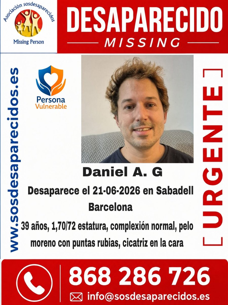 sosdesaparecido's tweet photo. 🆘 DESAPARECIDO
🟠 Persona Vulnerable 
#España #sosdesaparecidos #Desaparecido #Missing #Sabadell #Barcelona
Síguenos @sosdesaparecido https://t.co/cliaVStKss