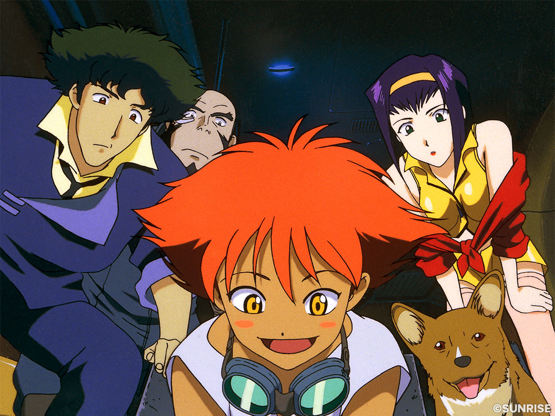 Screenshot from \"Cowboy Bebop.\" Spike, Jet, Faye, and Ein crowd behind Ed, who smiles in the foreground.