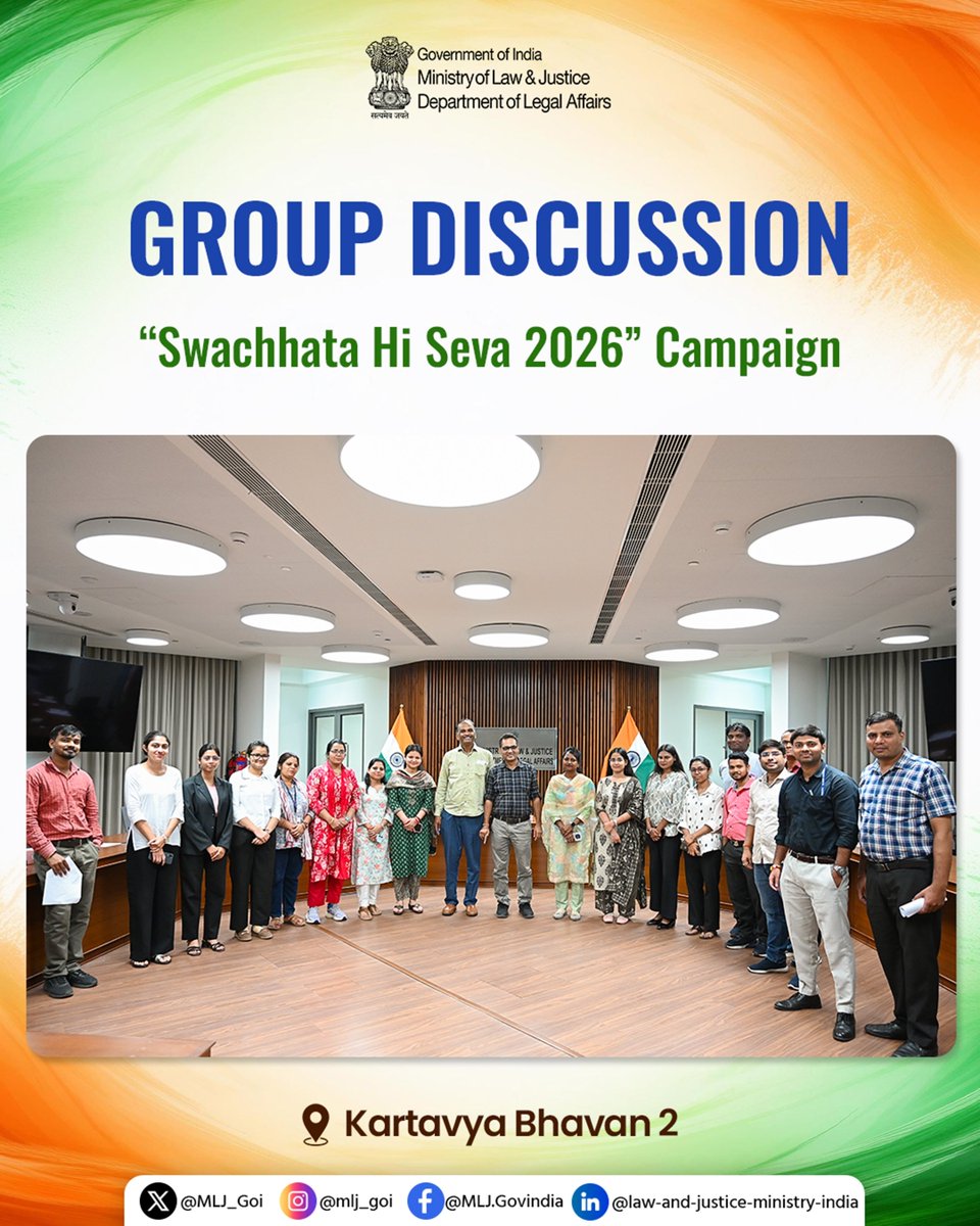 MLJ_GoI's tweet photo. @PMOIndia @narendramodi @arjunrammeghwal @DARPG_GoI @SwachhBharatGov @swachhbharat @mygovindia @PIB_India @MIB_India @moefcc The discussion enabled the participants to deliberate on the theme and share ideas and experiences related to sustainable waste management, promotion of rain water harvesting and measures for effective & judicious water management.
#SwachhataHiSeva2026
#GroupDiscussion
#DLA
2/2 https://t.co/9JfAvIv7s9