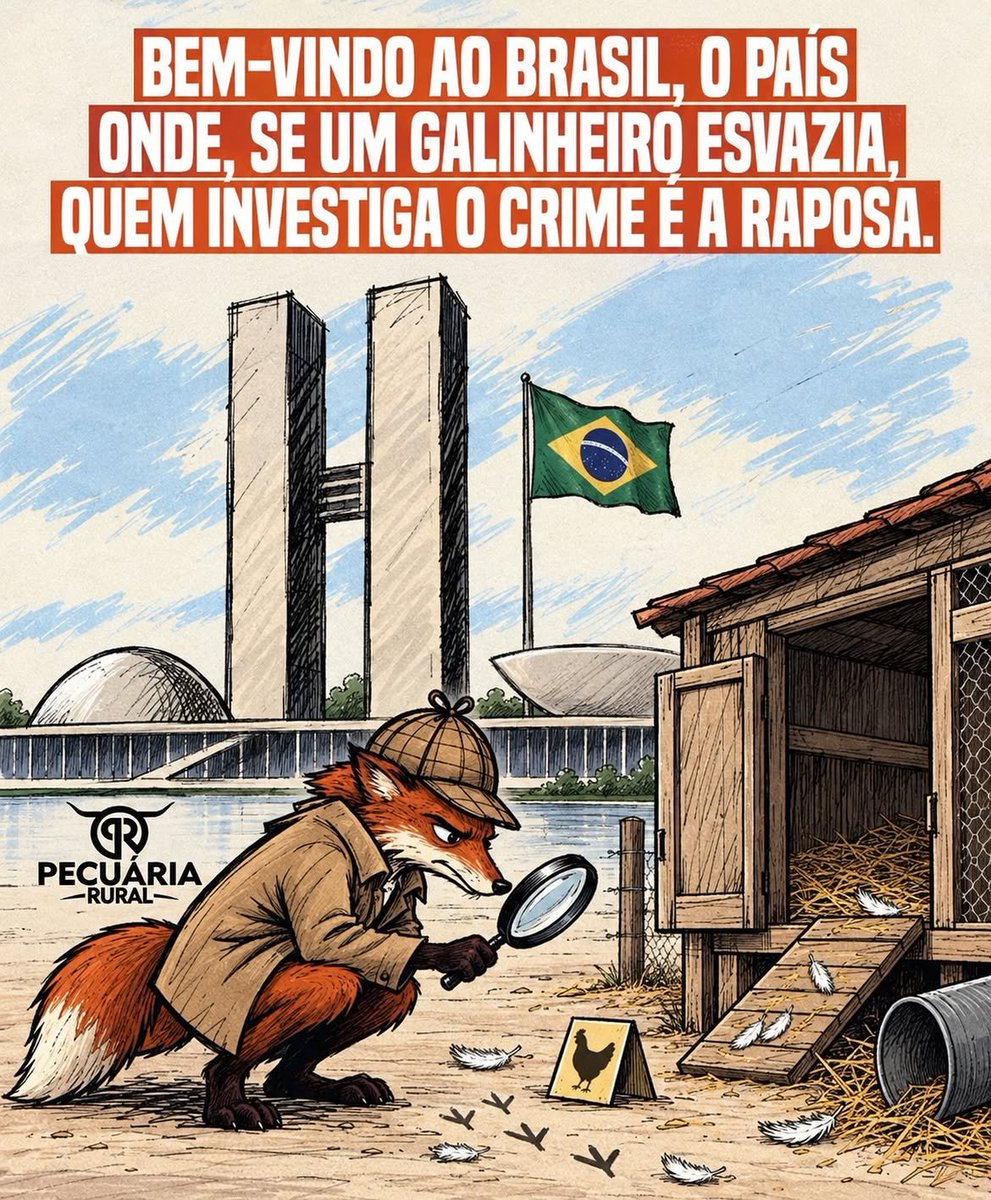 MachadoDarlon's tweet photo. 🦊🐔🐤🐓  No Brasil, o crime às vezes começa com um mistério e termina com outro: quem deveria ser investigado aparece investigando. No galinheiro, as galinhas somem, ficam as penas e os rastros… e entregam a lupa justamente para a raposa. O problema não é só descobrir quem cometeu o crime. É perguntar: quem investiga o investigador?