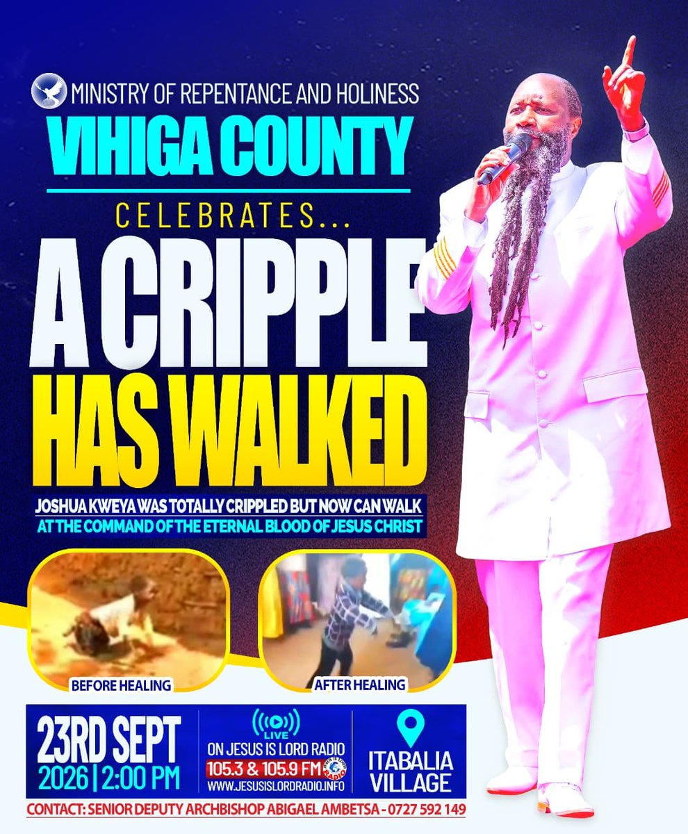 JoshuaPich9909's tweet photo. #God

Happening Live Now!.* 
  ___________________
Live on *Jesus Is Lord Radio*  
> Celebrating the powerful testimony of Joshua kweya from Vihiga , who was total crippled since birth for 8 yrs and at one command of the Eternal blood of JESUS decreed by the MEGA PROPHET of the LORD in menengai 8 most historic meeting of the LORD, he stood up and walk away.  
____________________________
 *🚨Be tuned in to hear this amazing story of JESUS!*  
____________________________
*🚨Listen through;*
- https://t.co/OX4E5abJt4