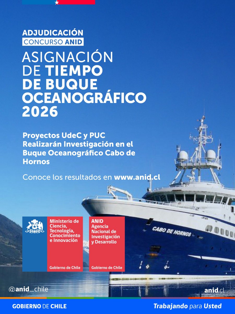ANID_Chile's tweet photo. Dos proyectos de investigación se adjudicaron la convocatoria, que da acceso a esta embarcación científica. Los grupos, ambos albergados por el Instituto Milenio de Oceanografía, desarrollarán estudios clave para comprender los cambios en el océano y los procesos geológicos frente a las costas de Chile.

Esta iniciativa promueve la formación de nuevas generaciones de investigadores e investigadoras y el fortalecimiento de redes de colaboración científica, brindando acceso a infraestructura científica de alto nivel, fundamental para abordar desafíos complejos relacionados con el océano, los riesgos naturales y el cambio ambiental.

Más información en https://t.co/dlEYxZ7iIB.