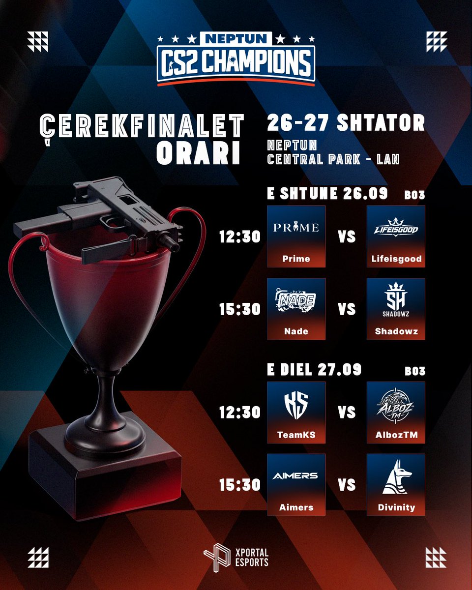XPortalesports's tweet photo. Çerekfinalet dhe orari i ndeshjeve janë këtu! 🔵
Në këtë fazë nuk ka vend për gabime! Çdo fitore në seri i afron ekipet një hap më pranë Finales së Madhe, e cila do të zhvillohet më 04 Tetor në CineStar Prishtina Mall. 🏟️
Livestream: https://t.co/iHbodGY6Yx
#neptunks #cs2 https://t.co/m3bLs7zQSP