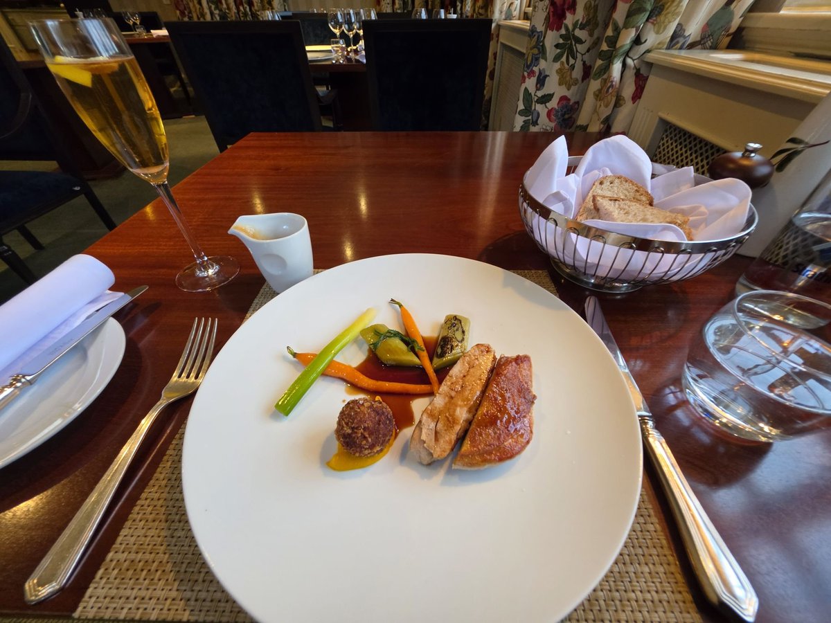 RuxtonLily's tweet photo. Main:
Pan-Fried Guinea Fowl Breast, Braised Leg Bon Bon, Confit Leeks, Baby Carrots, 
Red Wine Jus

@Greywalls_Hotel 
https://t.co/Cu0mUmjiQU
https://t.co/gZ86HU55zz
note:
post contains a photo from the venue and an AI edited image. https://t.co/JxS67mtgUl