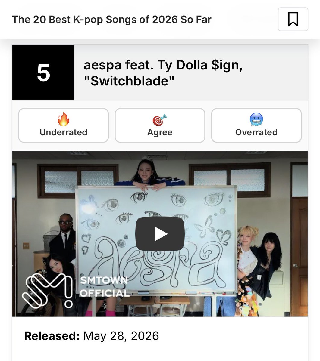 wntrult's tweet photo. “Switchblade” by aespa ranks at #5 on Complex’s “The Best K-pop Songs of 2026 (So Far)” list. 

— As “LEMONADE” fizzes out, “Switchblade” is the track that makes you want to keep sipping. The MV finally arrived last month after popular demand, following the group’s Lollapalooza set, where Ty Dolla $ign made a surprise appearance. Set at KWANGYA High, it throws every aesthetic imaginable into one hallway: members fighting each other, Harajuku colors, anime eyes, a kawaii monkey, and a protest demanding justice for NINGNING. Lyrically, the song leans into that same idea of snapping into a different version of yourself on command—quick, decisive, a little dangerous—using the switchblade itself as the metaphor for how fast that shift can happen.