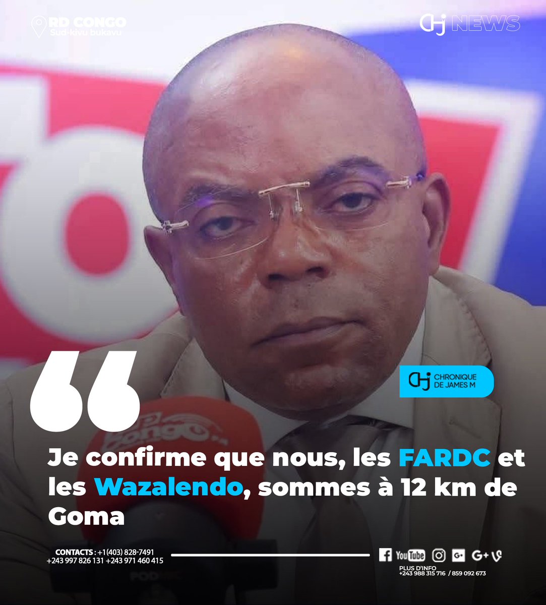 JamesMukeshaba's tweet photo. #RDC-M23🔴‼���| Willy Mishiki : “ Je confirme que nous, les FARDC et les Wazalendo, sommes à 12 km de Goma. La rapidité avec laquelle nous avons effectué cette avancée a étonné tout le monde, y compris nous-mêmes.”

Suivre 👉🏽 @JamesMukeshaba https://t.co/usfusqagtB