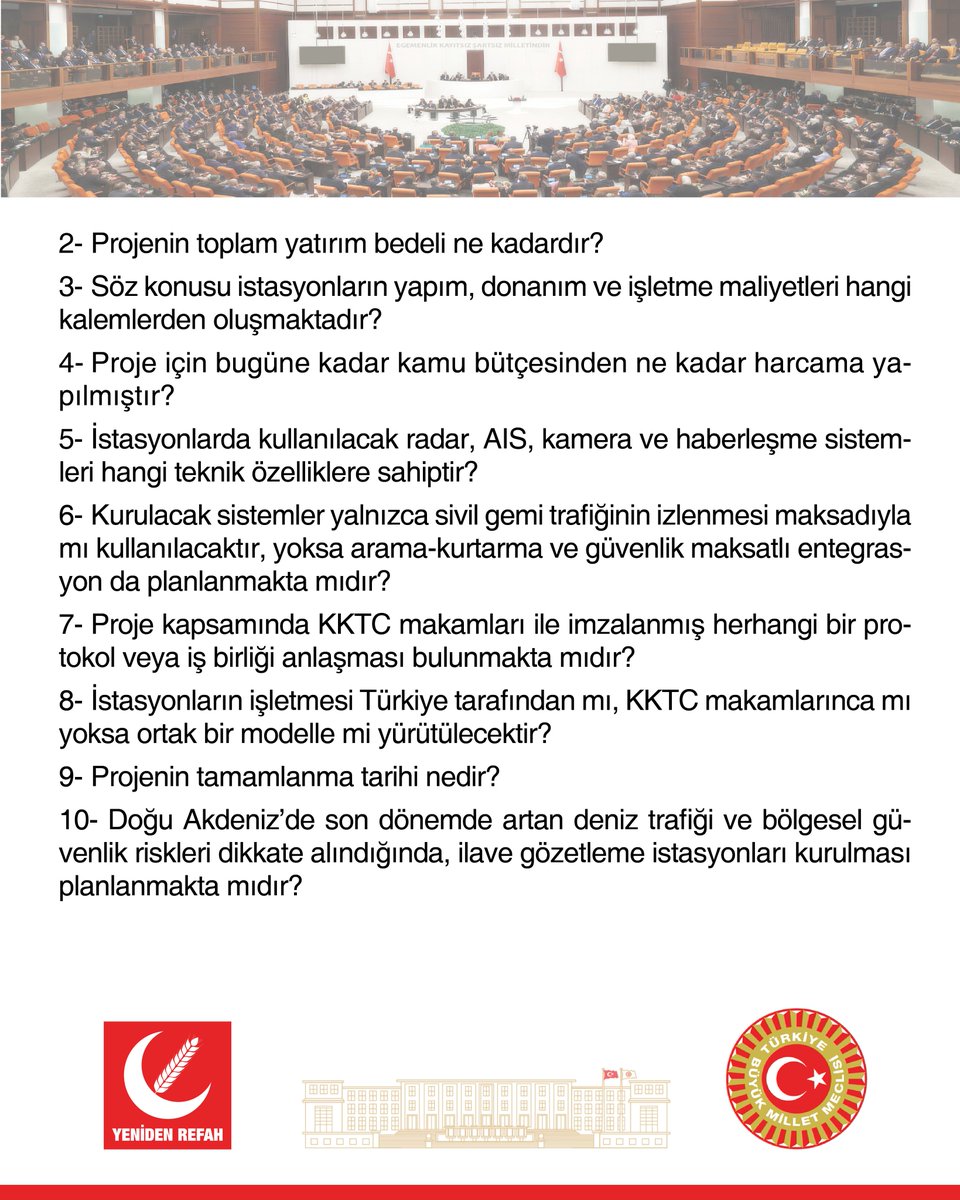 rprefahpartisi's tweet photo. Doğu Akdeniz’de stratejik öneme sahip gemi trafik gözetleme projesi yürütülüyor ancak kamuoyu projenin maliyeti, kapsamı, teknik altyapısı ve işletme modeli konusunda hâlâ yeterince bilgilendirilmiyor.
Türkiye’nin ve KKTC’nin denizlerdeki güvenliği ve hakları söz konusuyken, böylesine kritik bir projenin kapalı kapılar ardında yürütülmesi kabul edilemez. Millet, parasının nereye harcandığını ve projenin nasıl işletileceğini bilmek istiyor. Konu ile ilgili yazılı soru önergemiz, Konya Milletvekilimiz Ali Yüksel tarafından TBMM’ye sunulmuştur.