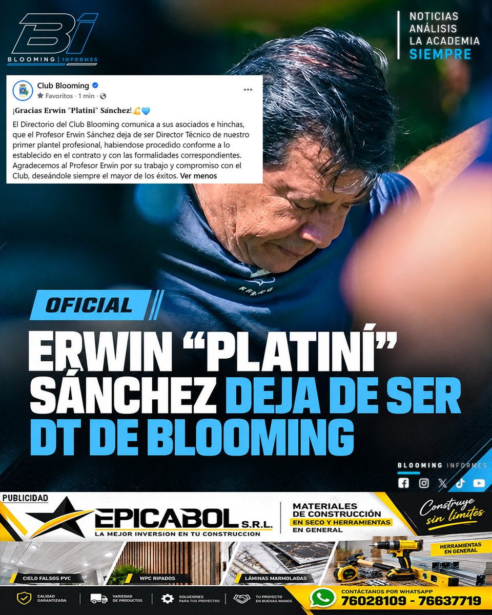 BloomingInforme's tweet photo. 🔵 OFICIAL: ERWIN SÁNCHEZ DEJA DE SER DT DE BLOOMING

Se terminó el ciclo de Sánchez al frente de la Academia. El propio Club hizo oficial este miércoles su desvinculación, agradeciendo al entrenador por su trabajo y compromiso con la institución.

¡Gracias por todo "Platiní"! https://t.co/cOPVMixaKR