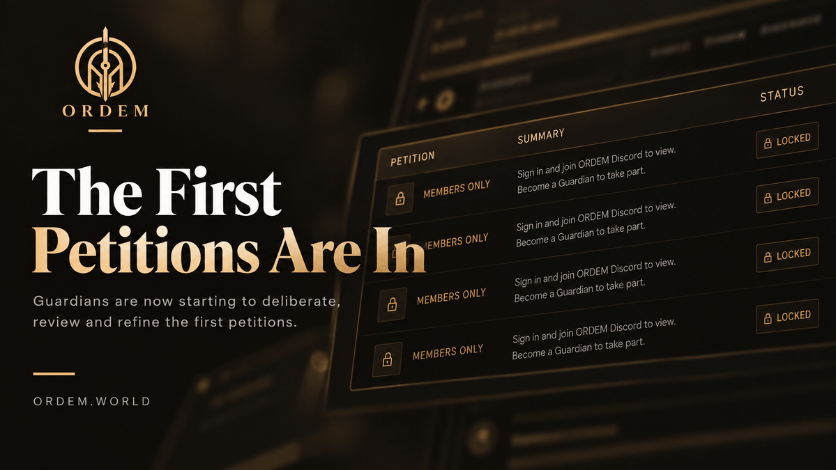 ordemworld's tweet photo. The first petitions are in.

Guardians are now beginning the work of deliberating, refining, and shaping the ideas that could become ORDEM’s next collections.

This is where the process begins.

Are you a Guardian?
-> Submit your petition and bring an idea before the Order. https://t.co/qidHATx5xE

Not a Guardian yet?
-> Become one and take part in what gets built next. https://t.co/150xpzN13o

Ideas become collections. Collections become worlds.