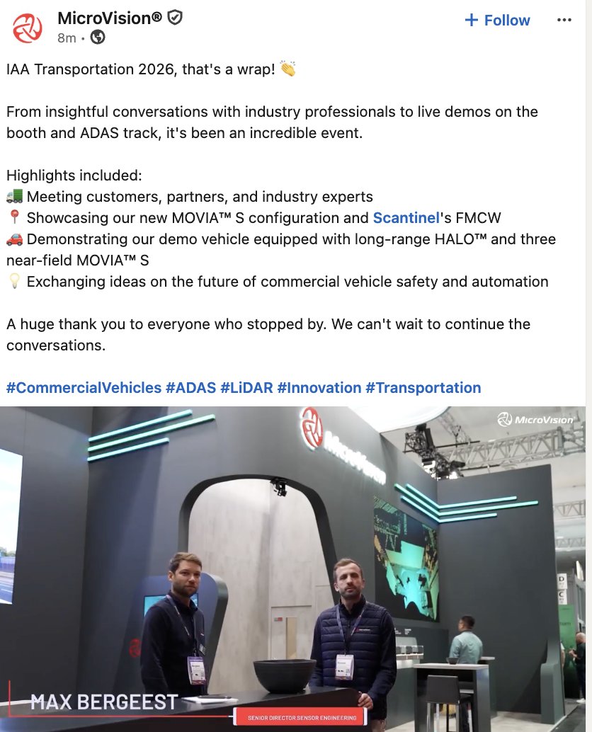 SMR_VISION's tweet photo. $MVIS IAA Transportation 2026, that's a wrap! #LIDAR https://t.co/hto564xAVC https://t.co/YtgLDiHdBp