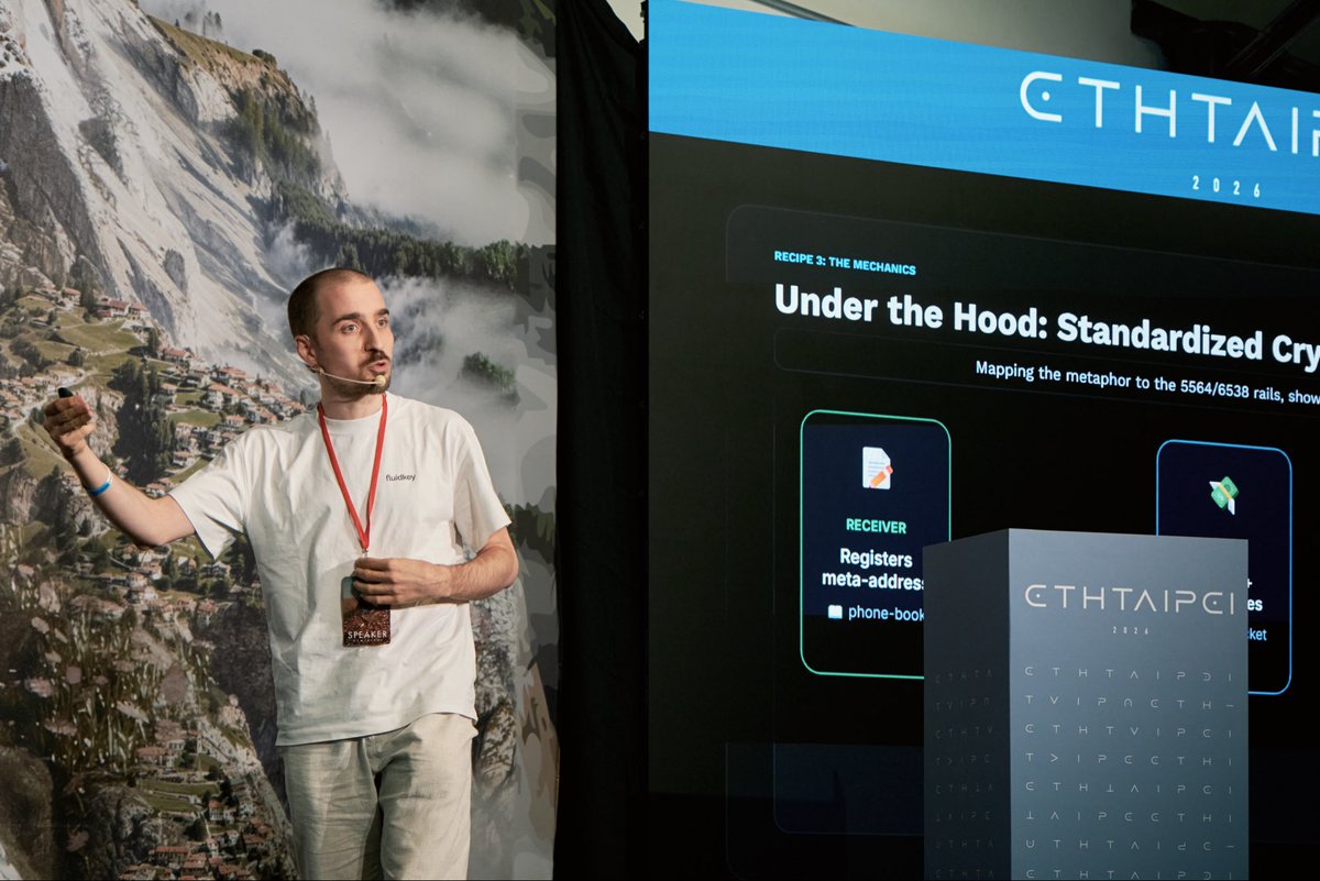 fluidkey's tweet photo. Our CTO @0xMeTony spoke at @EthTaipei on onchain privacy: stealth addresses today, the current limits, and what ZK and keystore contracts could unlock next.
Grateful to the ETHTaipei team for the stage, and to everyone who stopped by! https://t.co/woz5V6p6DZ