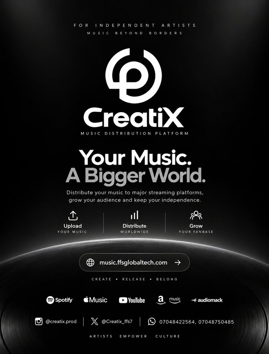 Creatix_ffs7's tweet photo. 🚀 Introducing CreatiX!
A music distribution platform built for independent artists.
🎵 Upload your music
🌍 Distribute worldwide
📈 Grow your audience
Your Music. A Bigger World.
Get started 👇
https://t.co/aiy1akeQAd
#CreatiX #IndependentArtists #MusicDistribution #Music https://t.co/rOVOHMd2i5