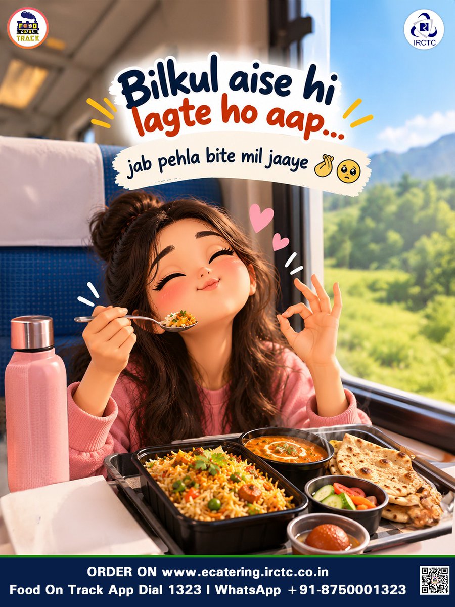 eCateringIRCTC's tweet photo. Bhookh lagi… toh bas favourite food yaad aata hai. 🥹❤️

Phir food order hota hai 👀
Delivery ka wait shuru hota hai 🥺
Aur jaise hi garma-garam food coach mein aata hai… 😋

Pehla bite lete hi — mood ekdum HAPPY! 🤌✨

Train journey ko aur tasty banaiye,
apne coach mein apna favourite food mangaiye — IRCTC eCatering ke saath. 🚆❤️

🌐 https://t.co/sj0NT7G2Cn
📲 Install #FoodOnTrack app
📞 Call 1323
📱 WhatsApp +91-875000132