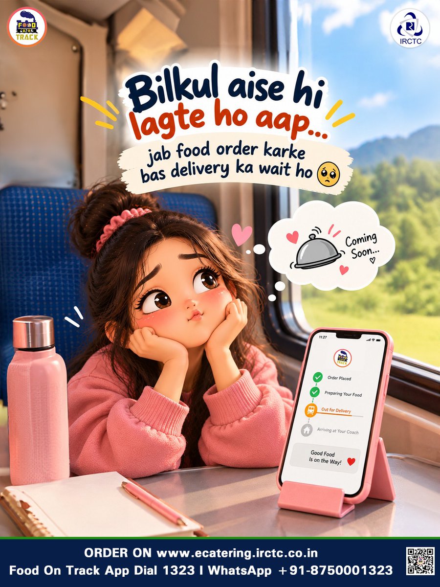eCateringIRCTC's tweet photo. Bhookh lagi… toh bas favourite food yaad aata hai. 🥹❤️

Phir food order hota hai 👀
Delivery ka wait shuru hota hai 🥺
Aur jaise hi garma-garam food coach mein aata hai… 😋

Pehla bite lete hi — mood ekdum HAPPY! 🤌✨

Train journey ko aur tasty banaiye,
apne coach mein apna favourite food mangaiye — IRCTC eCatering ke saath. 🚆❤️

🌐 https://t.co/sj0NT7G2Cn
📲 Install #FoodOnTrack app
📞 Call 1323
📱 WhatsApp +91-875000132