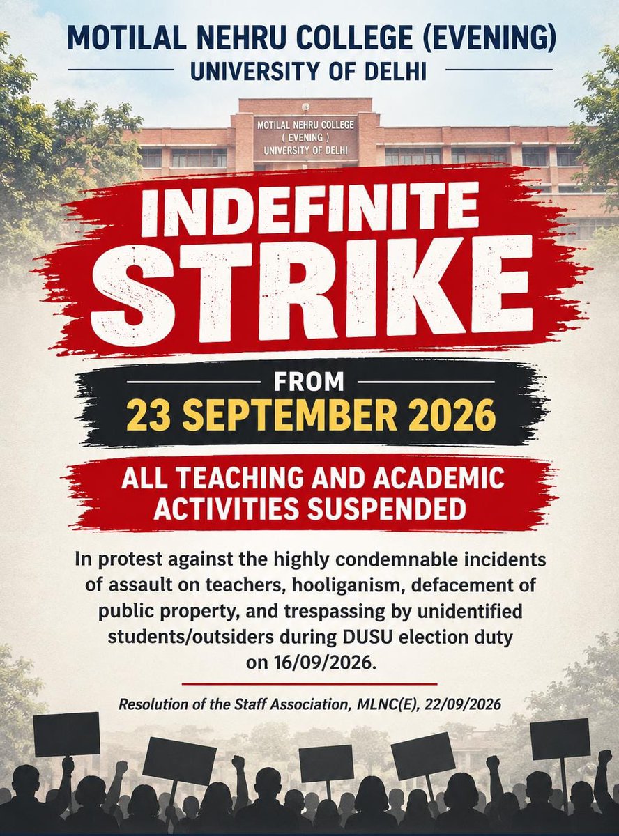 ra_kabeera's tweet photo. Teachers deserve safety and dignity. Following the assault on teachers, hooliganism &amp; trespassing during DUSU election duty, Staff Association, MLNC(E), DU is on indefinite strike from 23 Sept. We seek urgent action &amp; accountability. @DelhiPolice @CPDelhi @LtGovDelhi https://t.co/5DqznM7vvs