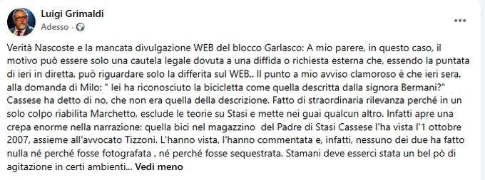 CarmenLiaLeuzzi's tweet photo. 🔴#Garlasco #veritanascoste #Cassese #bicicletta
#NicolaStasi #Giarda #Colli
#NeVedremoDelleBelle
🔖 A proposito della mancata divulgazione web ( #LuigiGrimaldi ) del blocco Garlasco e della dichiarazione di #Cassese, entrambi relativi alla trasmissione di ieri sera Verità Nascoste, "Riposto uno straordinario e importante documento scovato da @VellutoBluVideo all'interno del quale sono contenute delle dichiarazioni, molto rilevanti, effettuate da Nicola Stasi nell'ambito della trasmissione #Matrix del 7 dicembre 2011, il giorno dopo la sentenza di assoluzione del figlio #Alberto." ⬇️