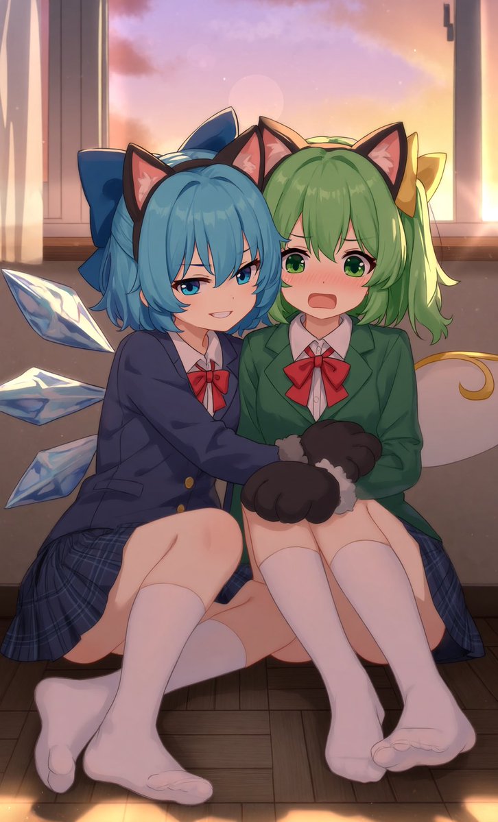 shirasu561's tweet photo. PixAIで放課後のチルノ＆大ちゃんを制作しました！🌅ネコ耳制服姿です🐾

いたずらっぽくギュッと抱きしめるドヤ顔チルノと、顔を真っ赤にしてあわてる大ちゃん💕
表情違いが楽しめる豪華な2枚の百合差分セットです！

#東方Project #チルノ #大妖精 #百合イラスト
#AIイラスト https://t.co/tIRQwlrwVW