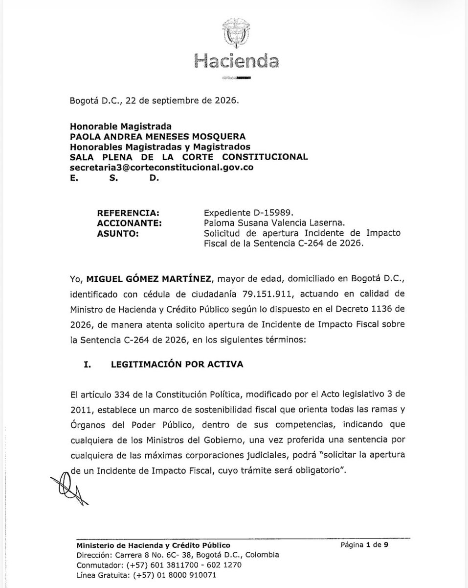UltimaHoraCR's tweet photo. #ECONOMÍA | El Ministerio de Hacienda (@MinHacienda) le solicitó a la Corte Constitucional abrir un incidente de impacto fiscal sobre la sentencia de la reforma pensional, pues advierte que la entrada en vigencia el 1 de abril de 2027 implicaría $5 billones adicionales para Colpensiones, lo que afectaría la sostenibilidad fiscal.

Vía: @LuisaMercadoD