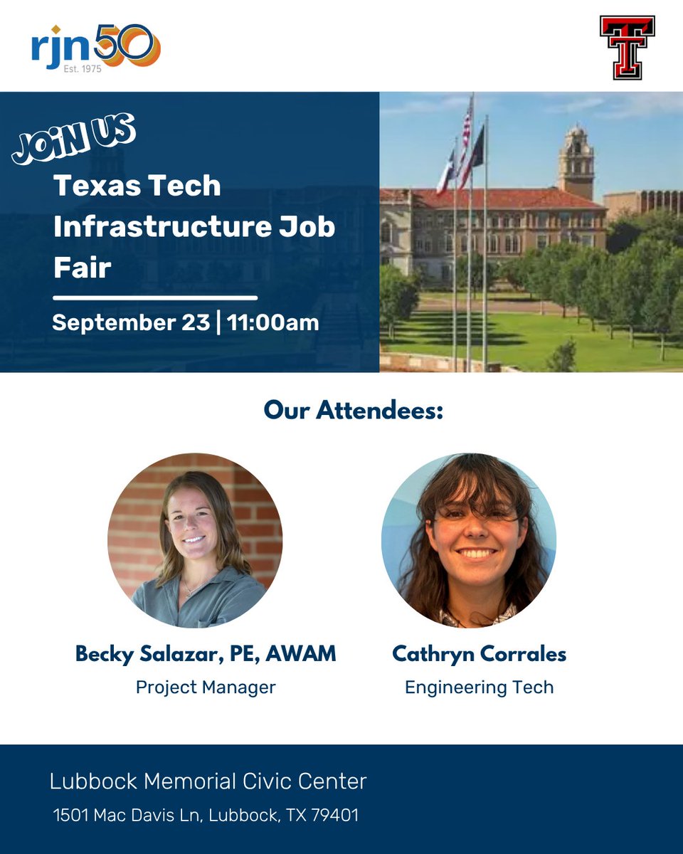 rjn_group's tweet photo. Texas Tech, we’re coming to see you!

Learn more about career opportunities at RJN and see where a career in water and wastewater engineering can take you.
👋 Becky Salazar, PE, AWAM, Project Manager
👋 Catie Corrales, Engineering Tech

#TheGroup #TexasTech #CareerFair https://t.co/4EbD9lsGQV