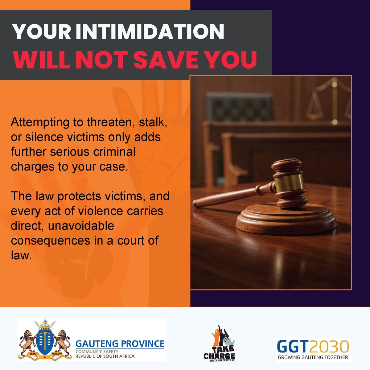 GovernmentZA's tweet photo. ⚖️ Know your rights

Threatening, stalking, intimidating or attempting to silence victims is a serious offence and may result in additional criminal charges.

The law protects victims. Any attempt to harass, intimidate or interfere with victims may carry further legal consequences.

#KnowYourRights #VictimSupport #JusticeForAll #GovZAUpdates
