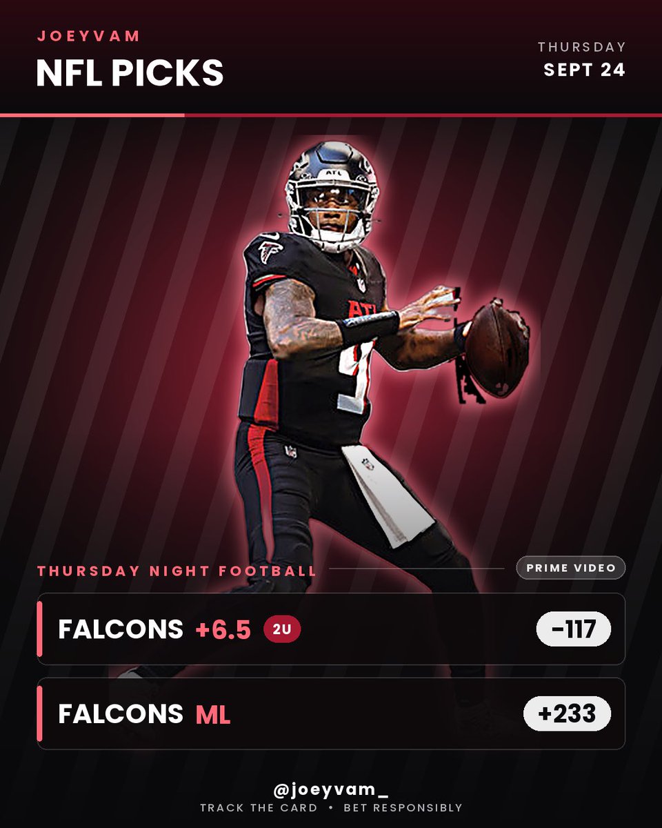 Joeyvam's tweet photo. Falcons +6.5 -117 2U
Falcons +233
With Penix jr back in the mix,Drake London and the passing attack should see a big boost which is only going to open things up for Bijon and the run game. The packers are struggling and coming off OT on Sunday with a short week it’ll show again🫡 https://t.co/HMIGRz76po