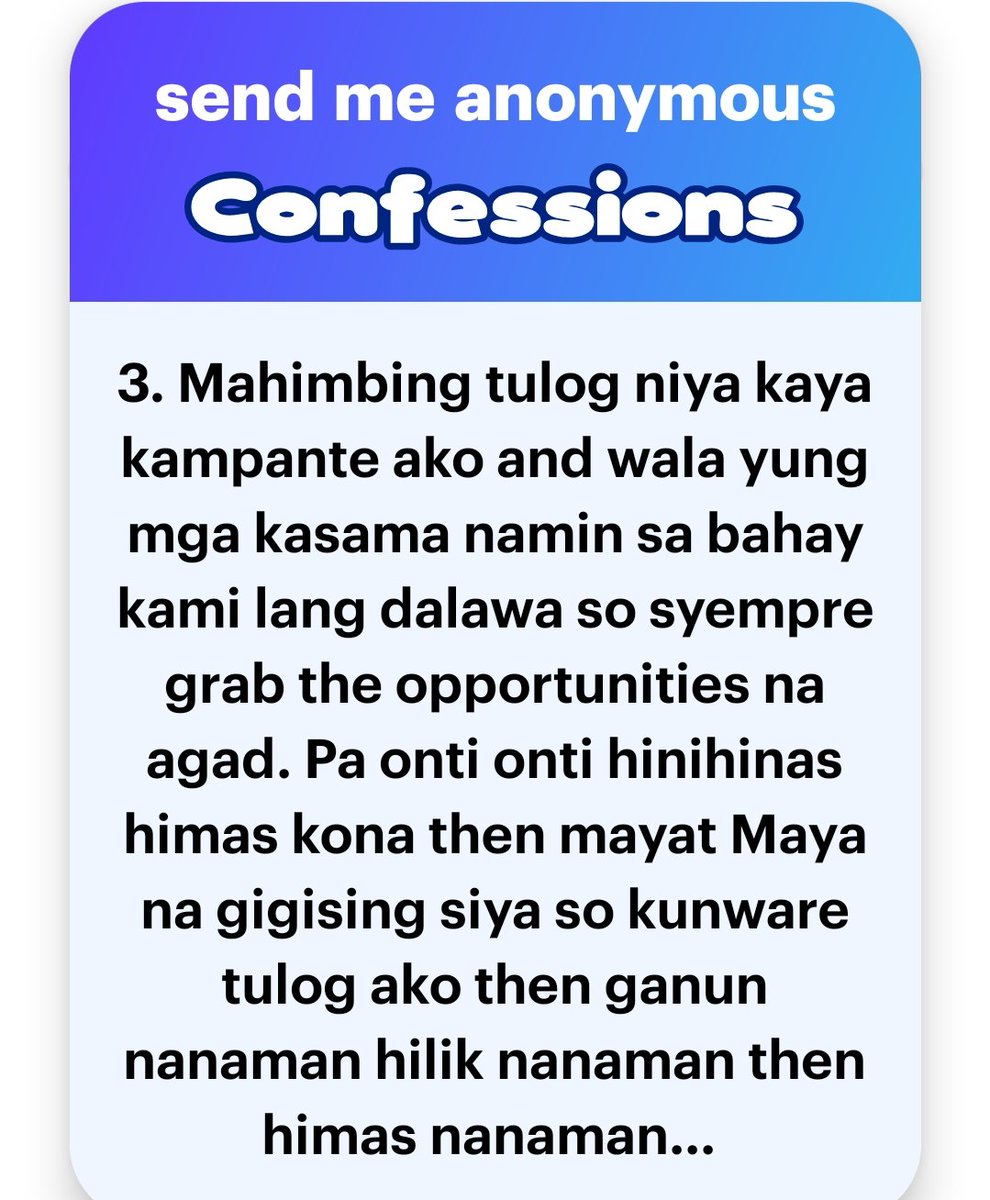 AlterOfan83223's tweet photo. Thread - Batch 69 Anonymous Confessions

1,649.A Nasubo ang stepfather 
Pages 1-4 https://t.co/TyjdwHl7PP