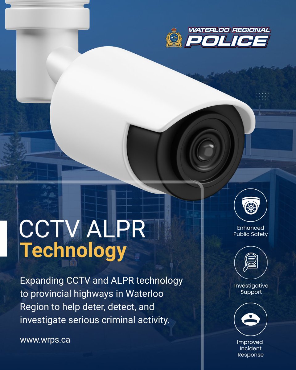 WRPSToday's tweet photo. We’re partnering with the Ontario Ministry of Transportation in a first-of-its-kind agreement to expand CCTV cameras equipped with Automated Licence Plate Recognition technology to provincial highways in Waterloo Region.

The technology will help us deter and detect serious criminal activity and support police investigations.

Learn more: https://t.co/Iolr8dnPqq