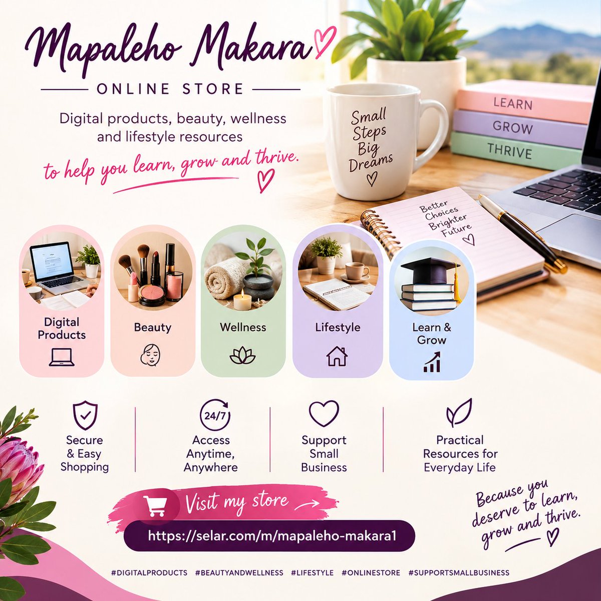 MapalehoMakara's tweet photo. 🌸 Building my online store one step at a time.

Digital products, beauty, wellness &amp; lifestyle resources designed to help you learn, grow and thrive. 💻✨

🛍️ https://t.co/ptN4N6KVmy

#OnlineBusiness #DigitalProducts https://t.co/4bGrW0jiBV